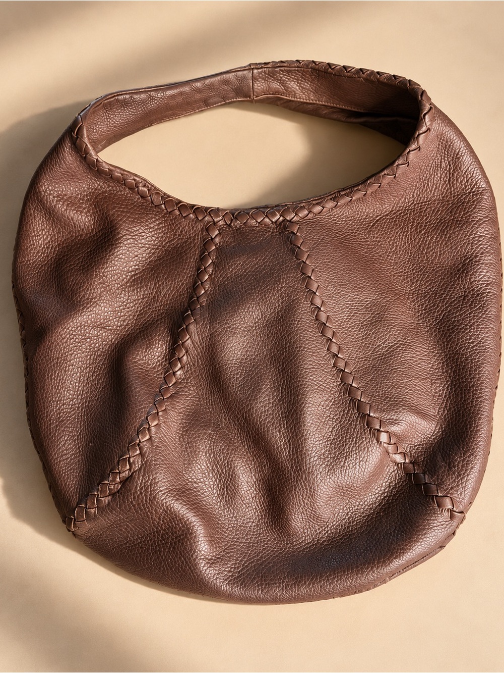 Bottega Veneta Large Brown Cervo Leather Hobo Intrecciato Trim Shoulder Bag